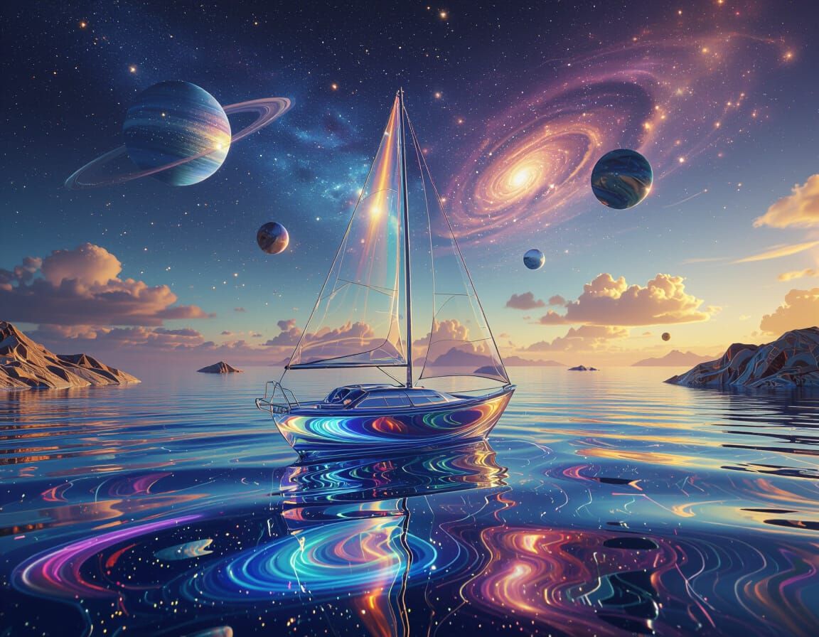 Glass Sailboat on Cosmic Sea in 3D Dreamscape