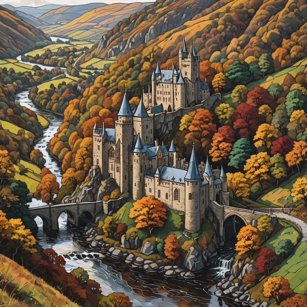 Stained Glass Castle on Hill in Autumn