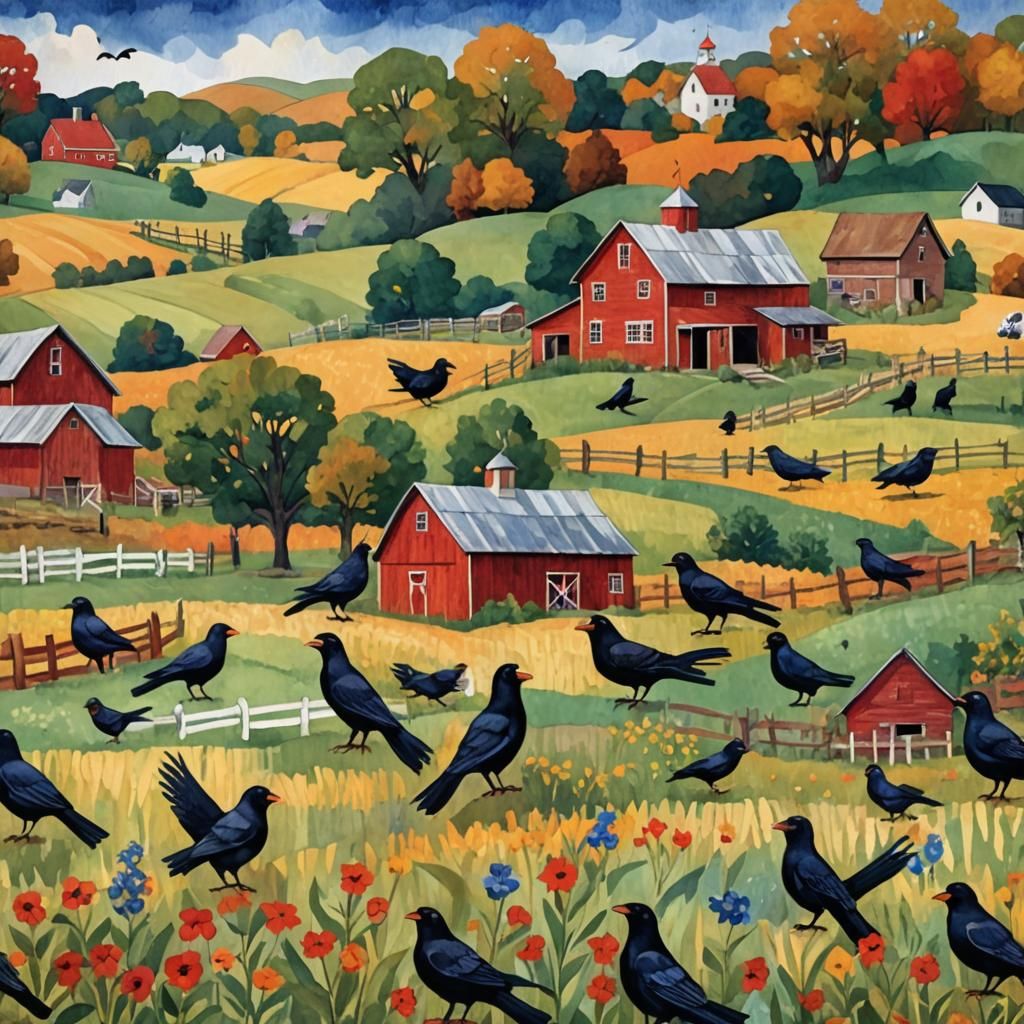 Vibrant American Countryside Scene with Black Crows and Quil...