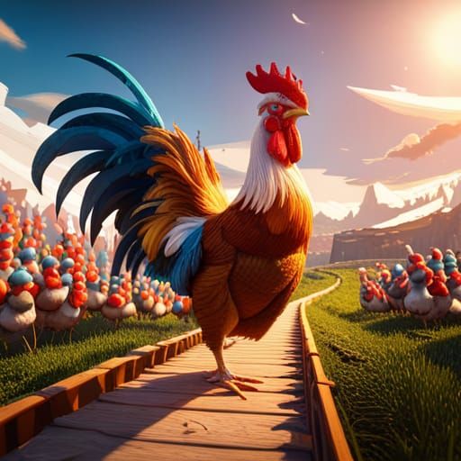 Rooster Leads Chicken Parade: 3D Game Cinematic Graphics