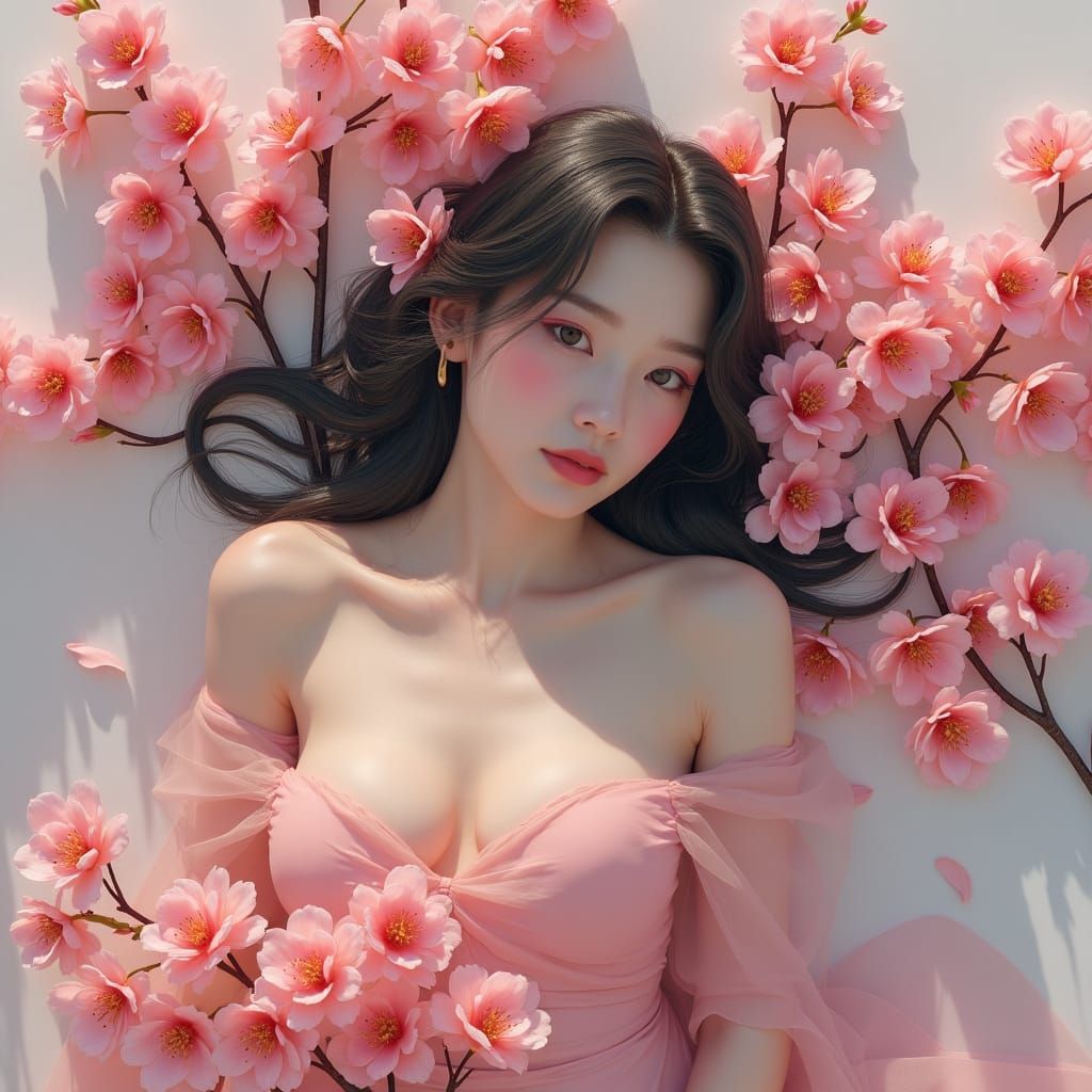 Mysterious Woman Surrounded by Cherry Blossoms, Anime Style