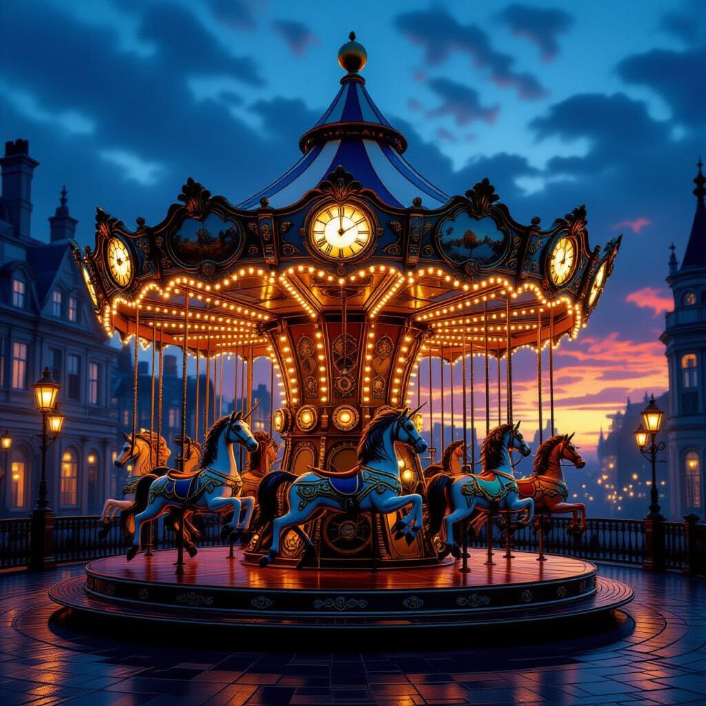 Steampunk Carousel with Clockwork Creatures at Dusk