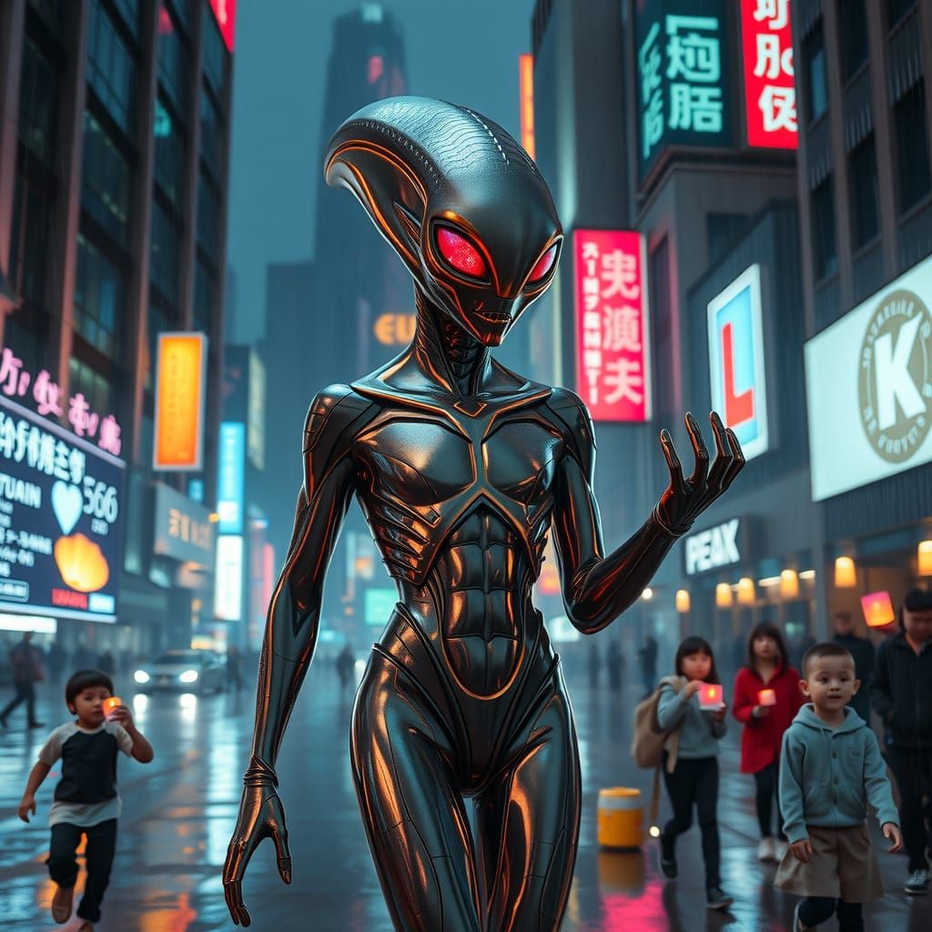 Cyberpunk Alien in Neon Cityscape
