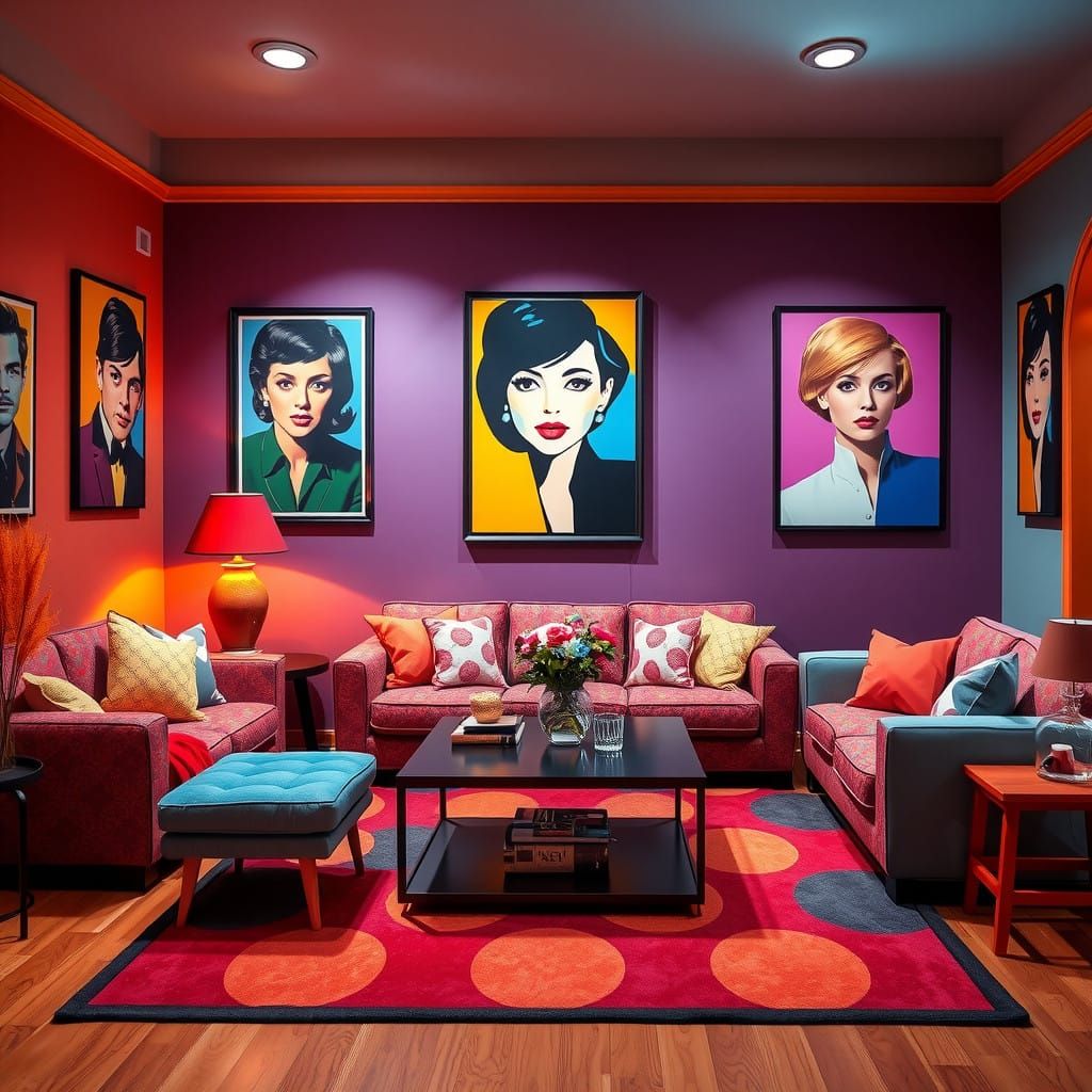 Vibrant Pop Art Living Room Scene with Bold Triadic Colors a...