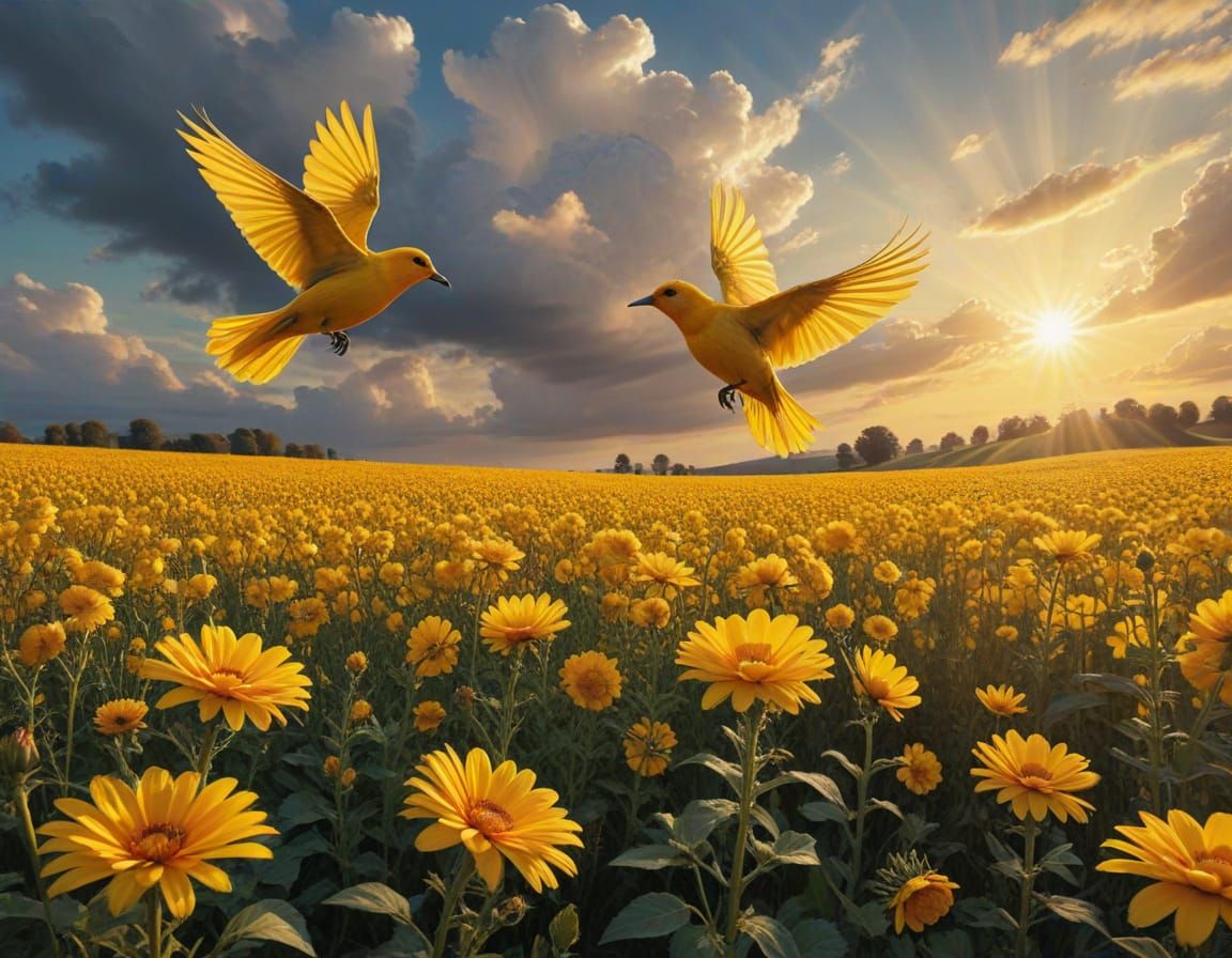 Majestic Yellow Flower Field with Birds in Golden Hour Light