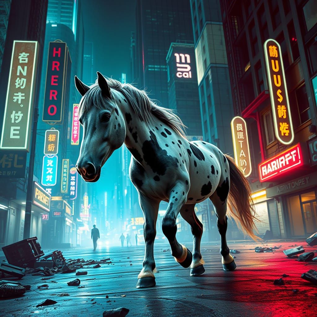 Ethereal Appaloosa Pony in Cyberpunk Cityscape