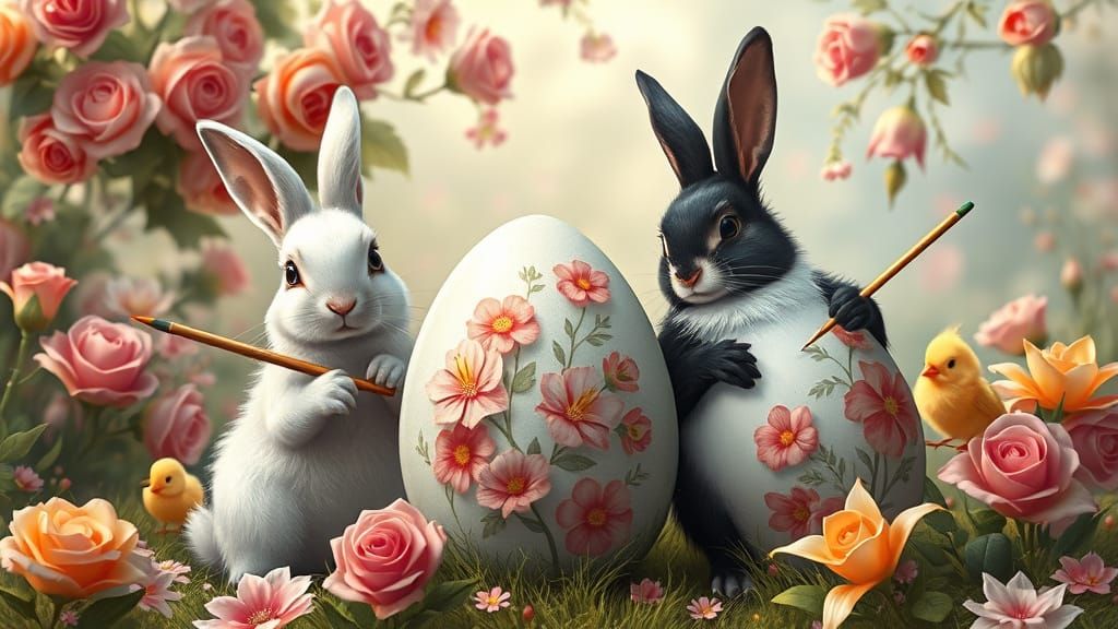 Rabbits and Chicks Decorating Easter Eggs in Anime Style