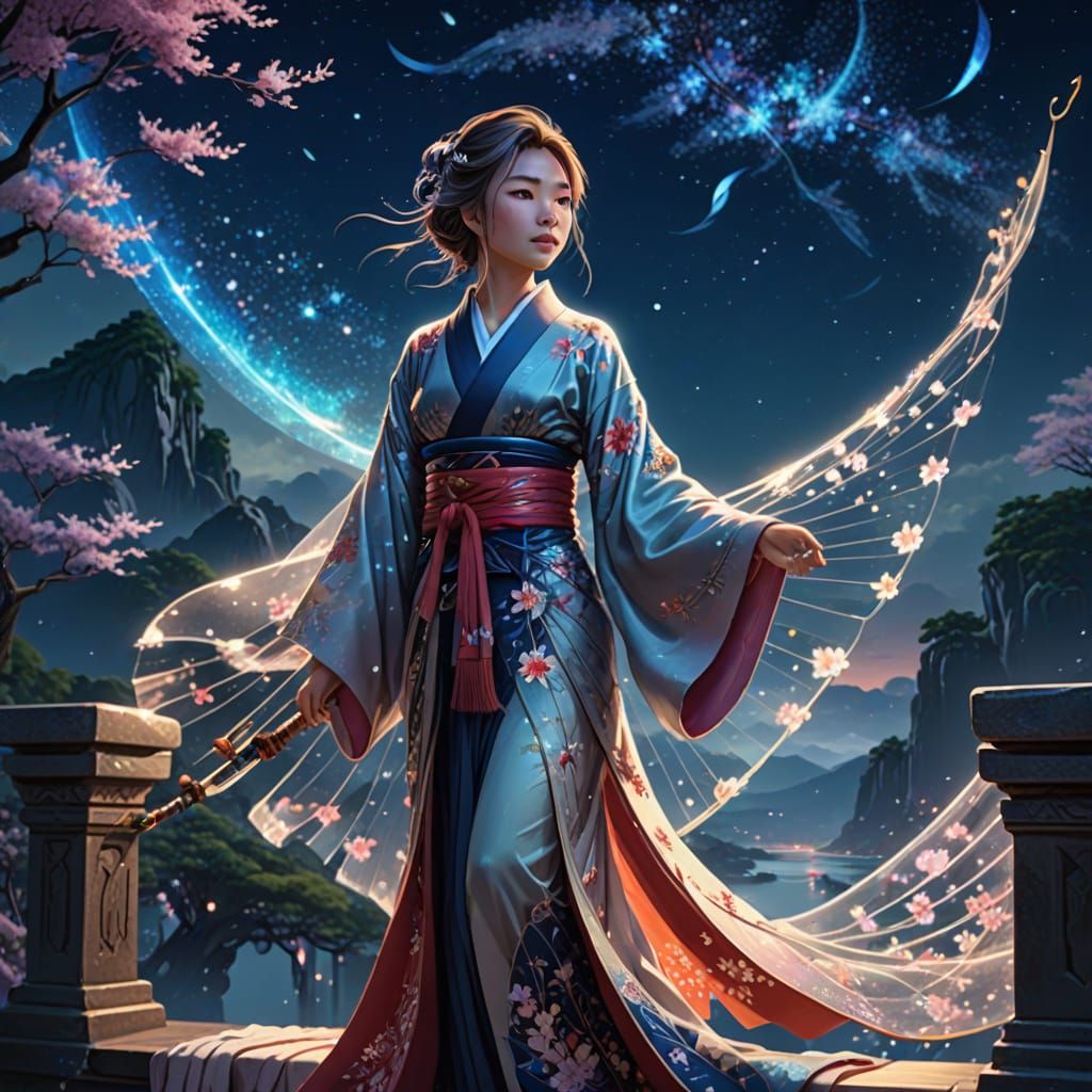 Yuna on Crystal Bridge with Glowing Kimono