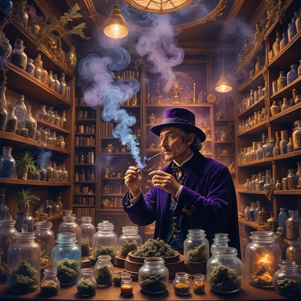 Cannabis Magician with Swirling Smoke, Mystical Realism