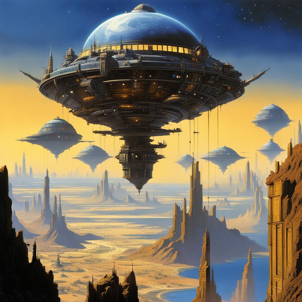 Steampunk City on Alien Planet at Night