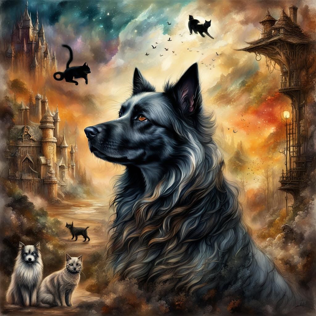 Fantasy Portrait of Dog and Cat on Collage, Mixed Media