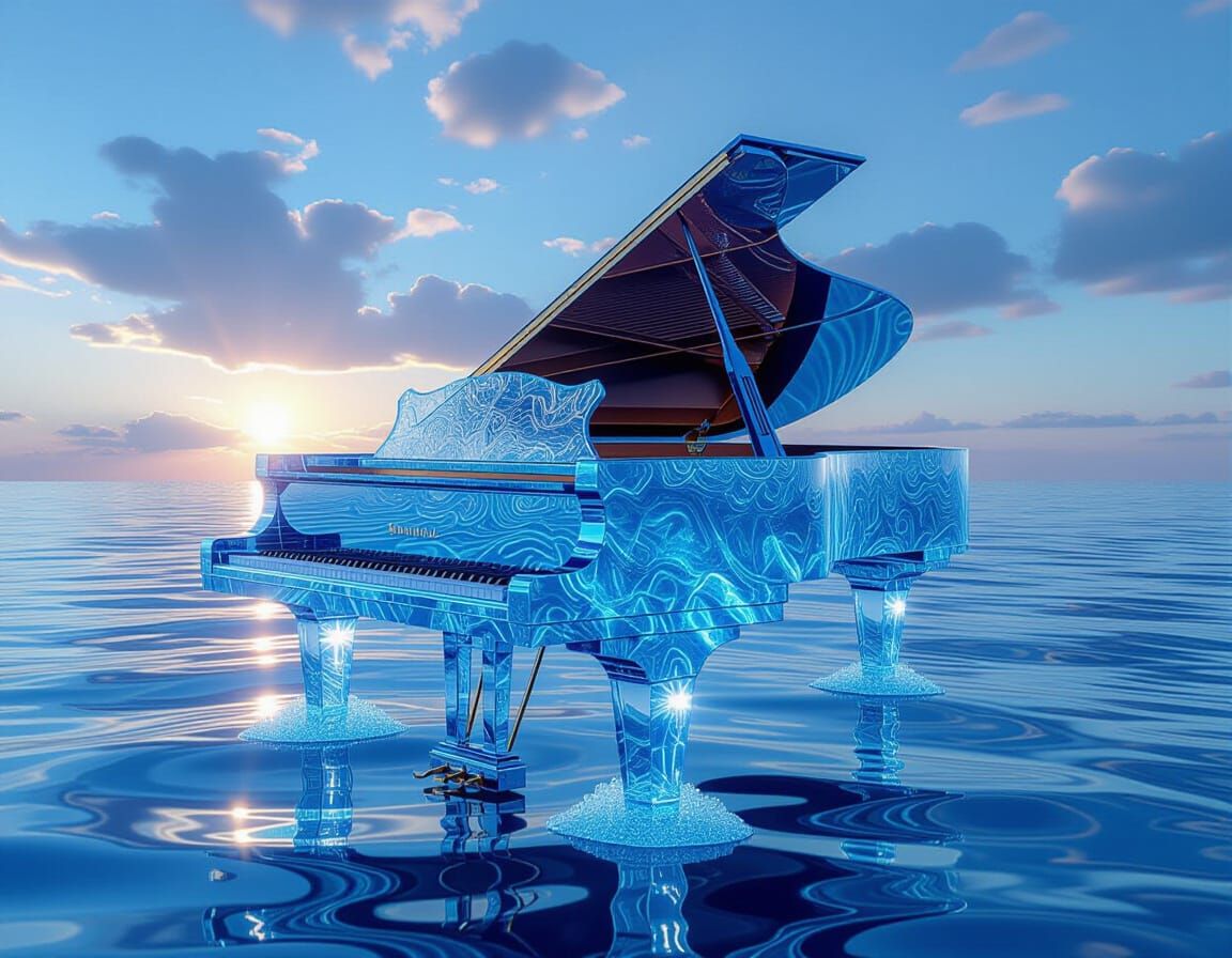 Grand Piano Made of Ocean Waves in Ethereal Twilight