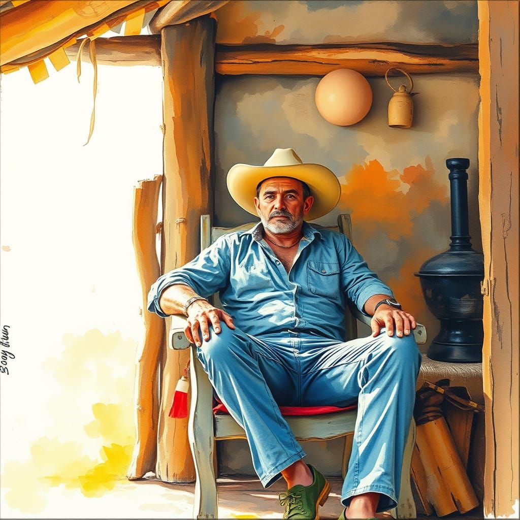 con la tecnica de acuarela representa un hombre muy guapo sentado en una silla dentro de una cabaña rustica.