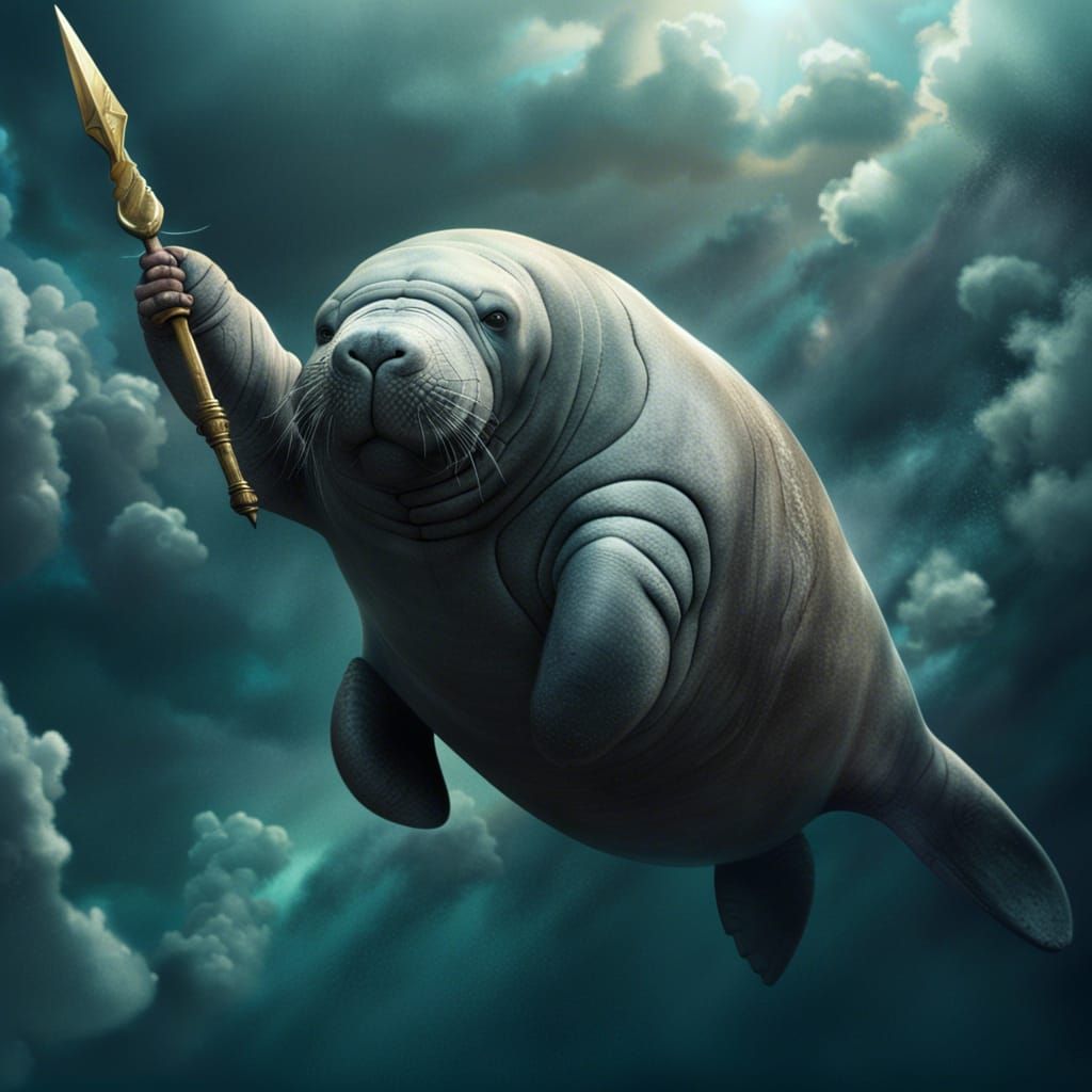 Epic Flying Manatee with Trident Digital Painting