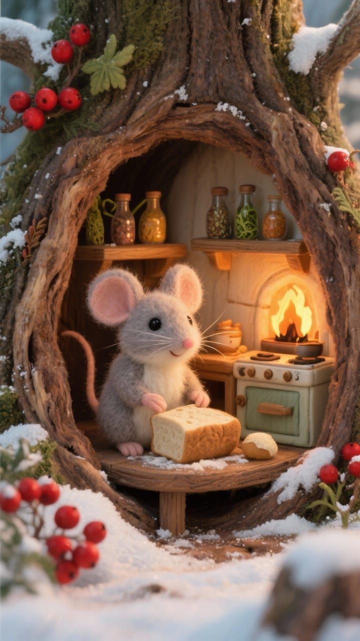 Adorable Felt Mouse Baking in Cozy Tree Kitchen