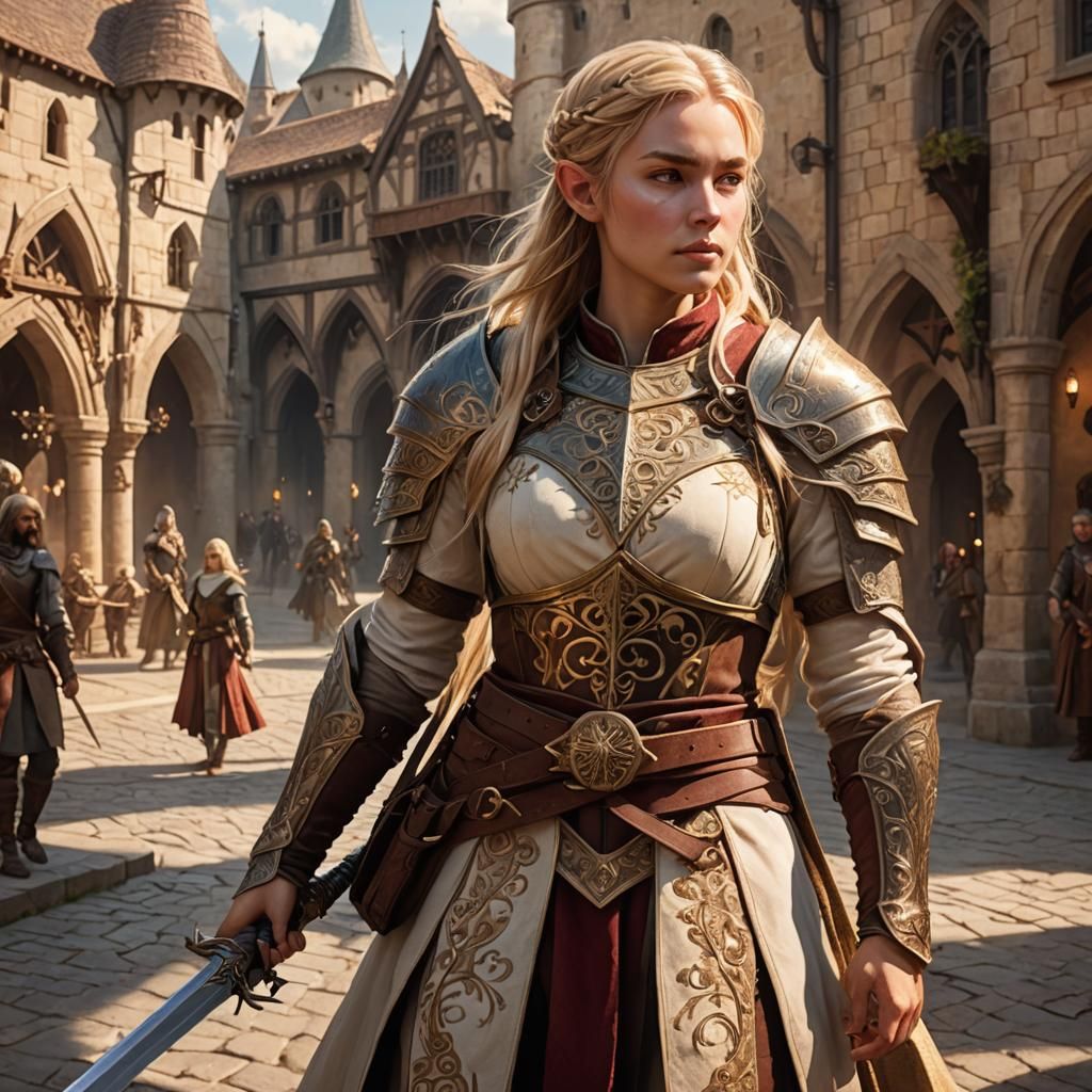 Half-Elven Warrior in Fantasy City Square