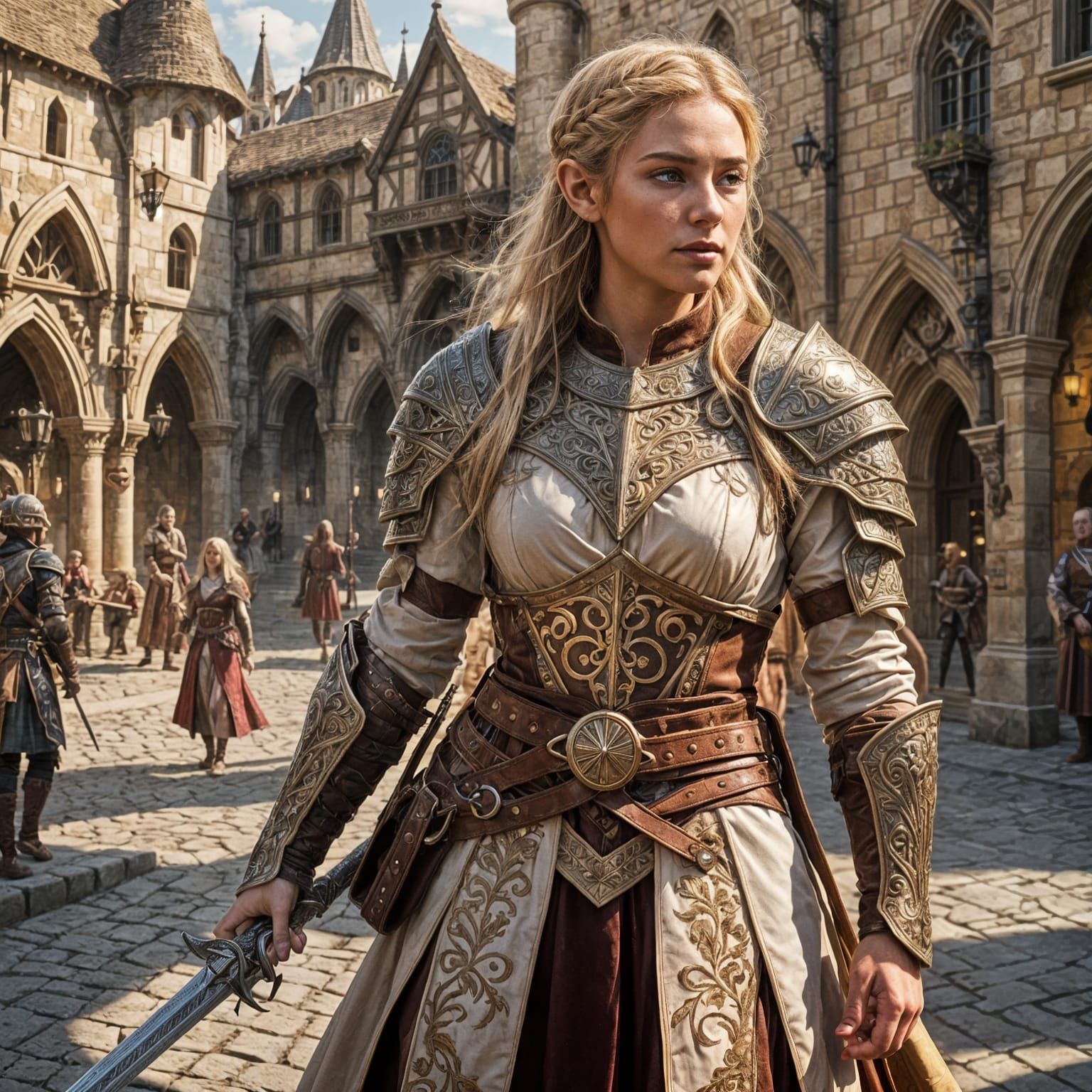 Confident Half-Elf Warrior in Medieval City Square