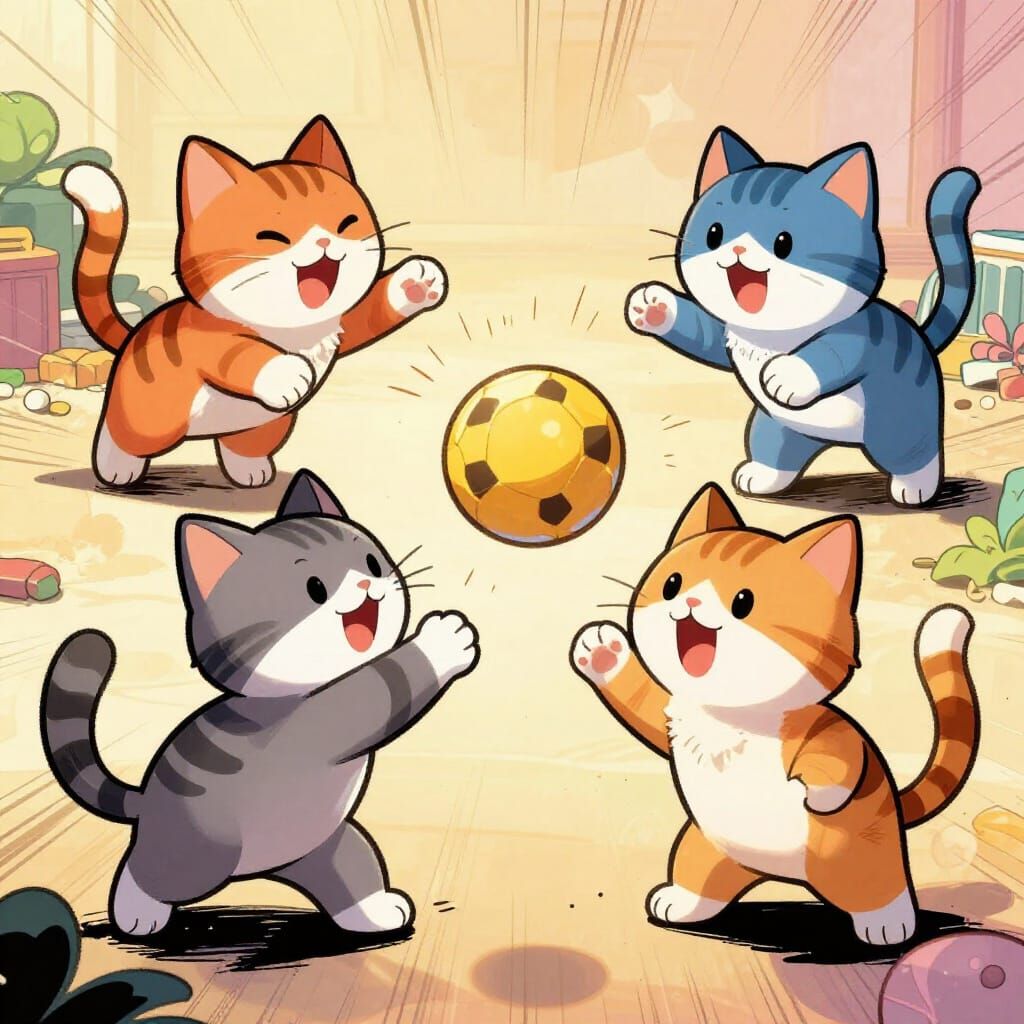 Four Joyful Cats in Vibrant Comic Book Style