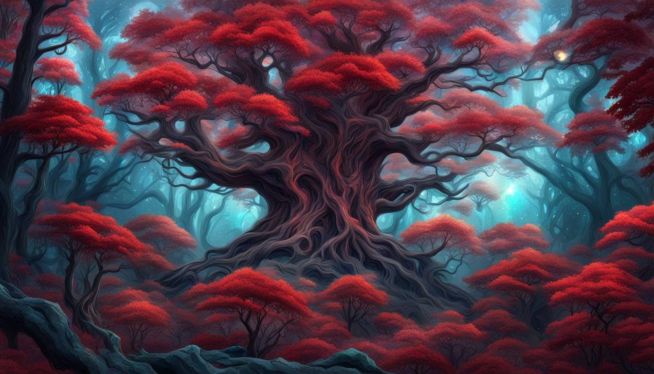 Mystical Tree with Red Leaves and Mythical Birds