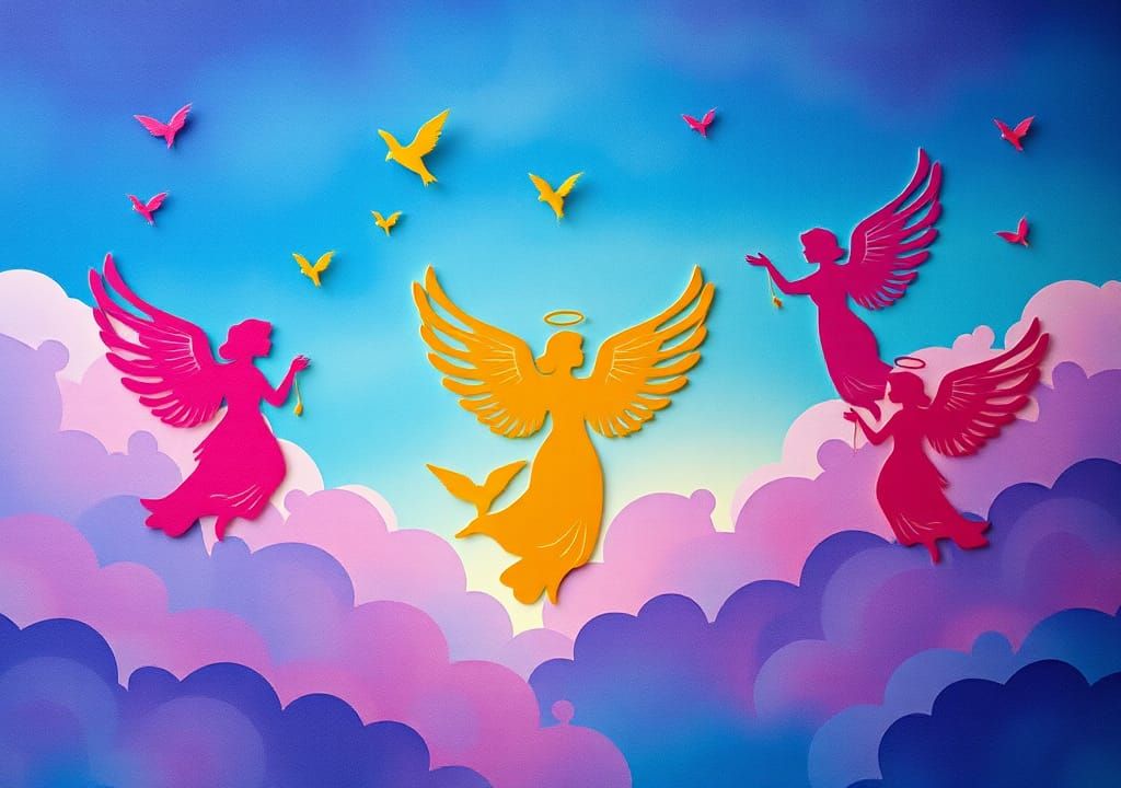 Paper-Cut Angel Silhouettes in Abstract Collage Art