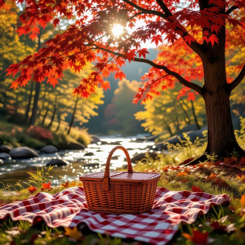 Photorealistic Picnic Scene Under Maple Tree with Stream