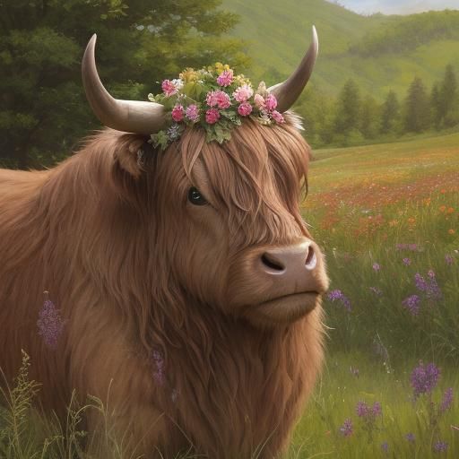 Highland Cow with Flower Crown in Meadow