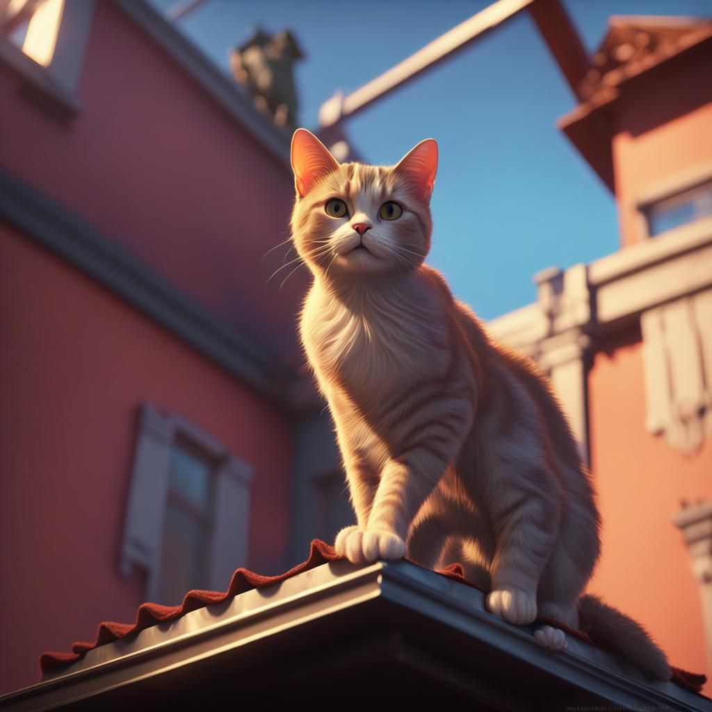 cat on a hot tin roof, shot from the ground looking up, 4k d...