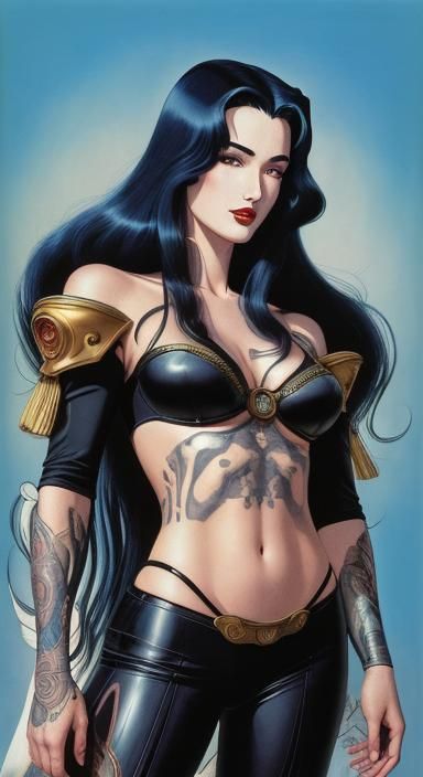 Dita von teese, Full Body Portrait, exagerated large boosom, Luis Royo, ((90's anime style)), ultra detailed illustratio...