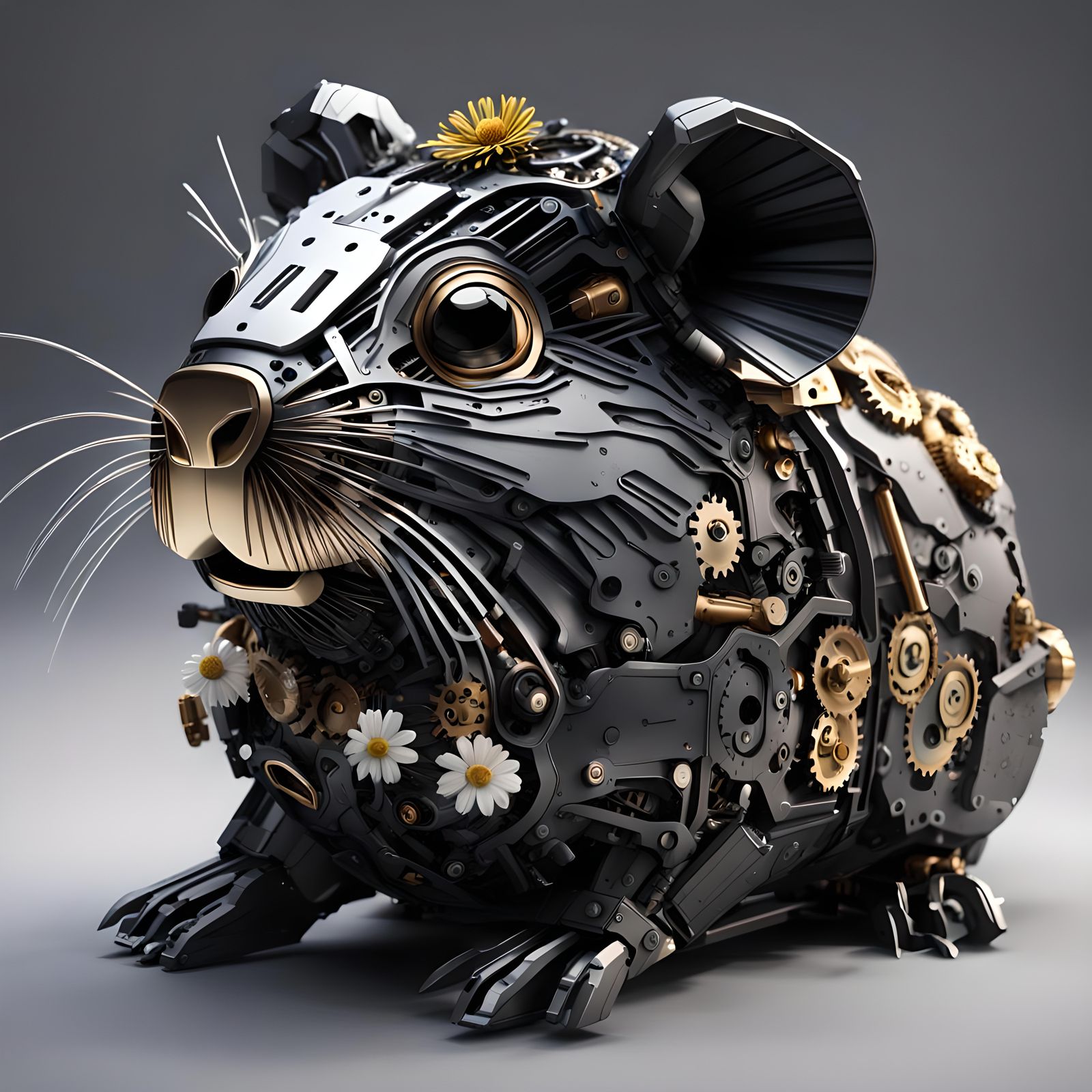 Robotic Guinea Pig with Daisy in Hyperrealistic Style