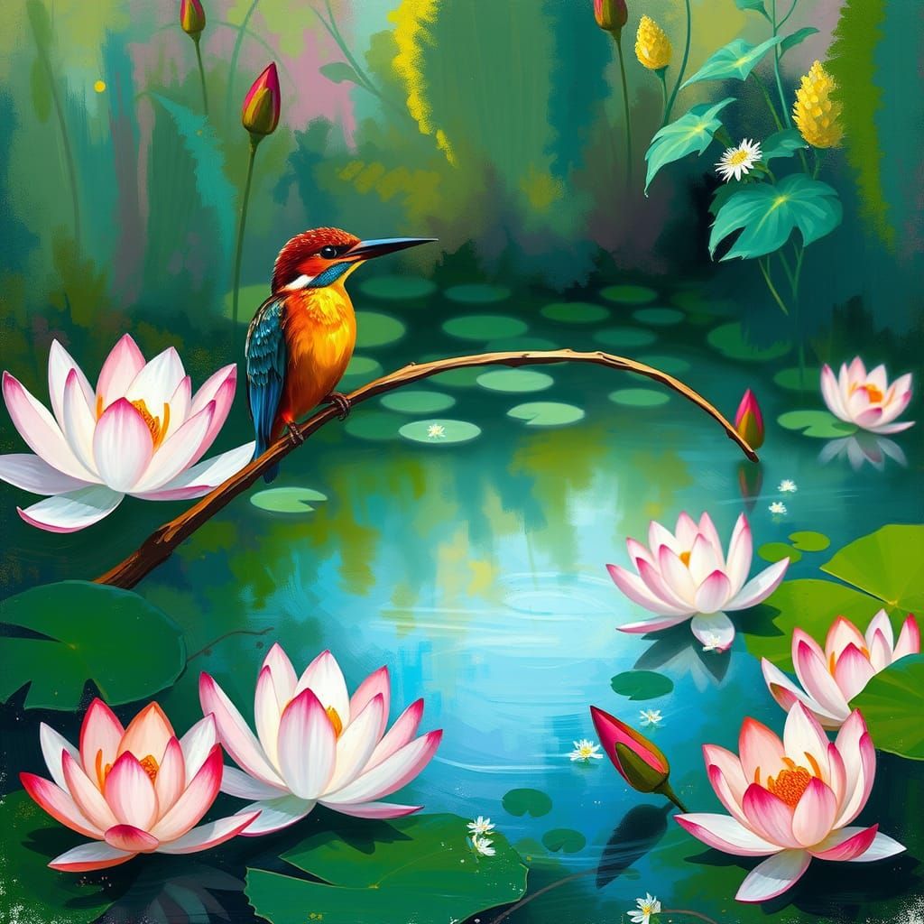 serene lilypond scene with a kingfisher perched on a branch,...