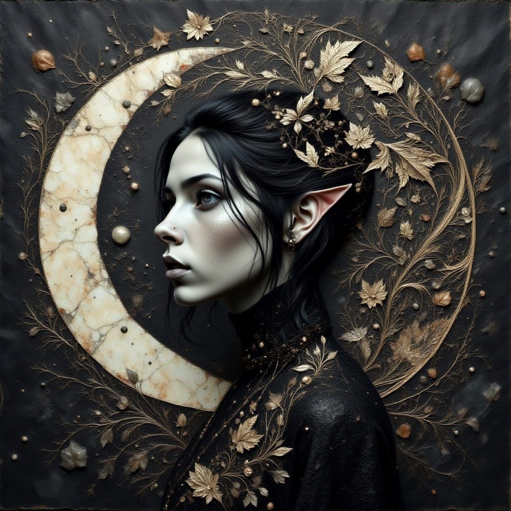 Gothic Elf Portrait with Moon and Lace Texture