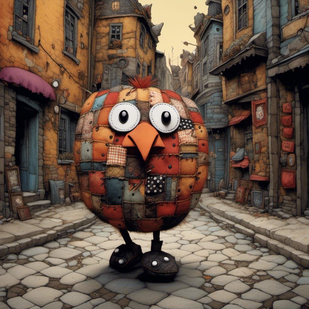 <lora:Patches:1.0> cushion chicken walking down a street