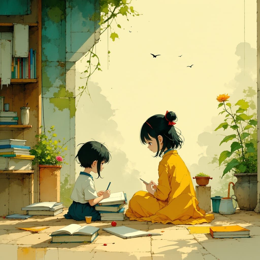 Girl Helping Classmate in Ghibli-Inspired School Setting
