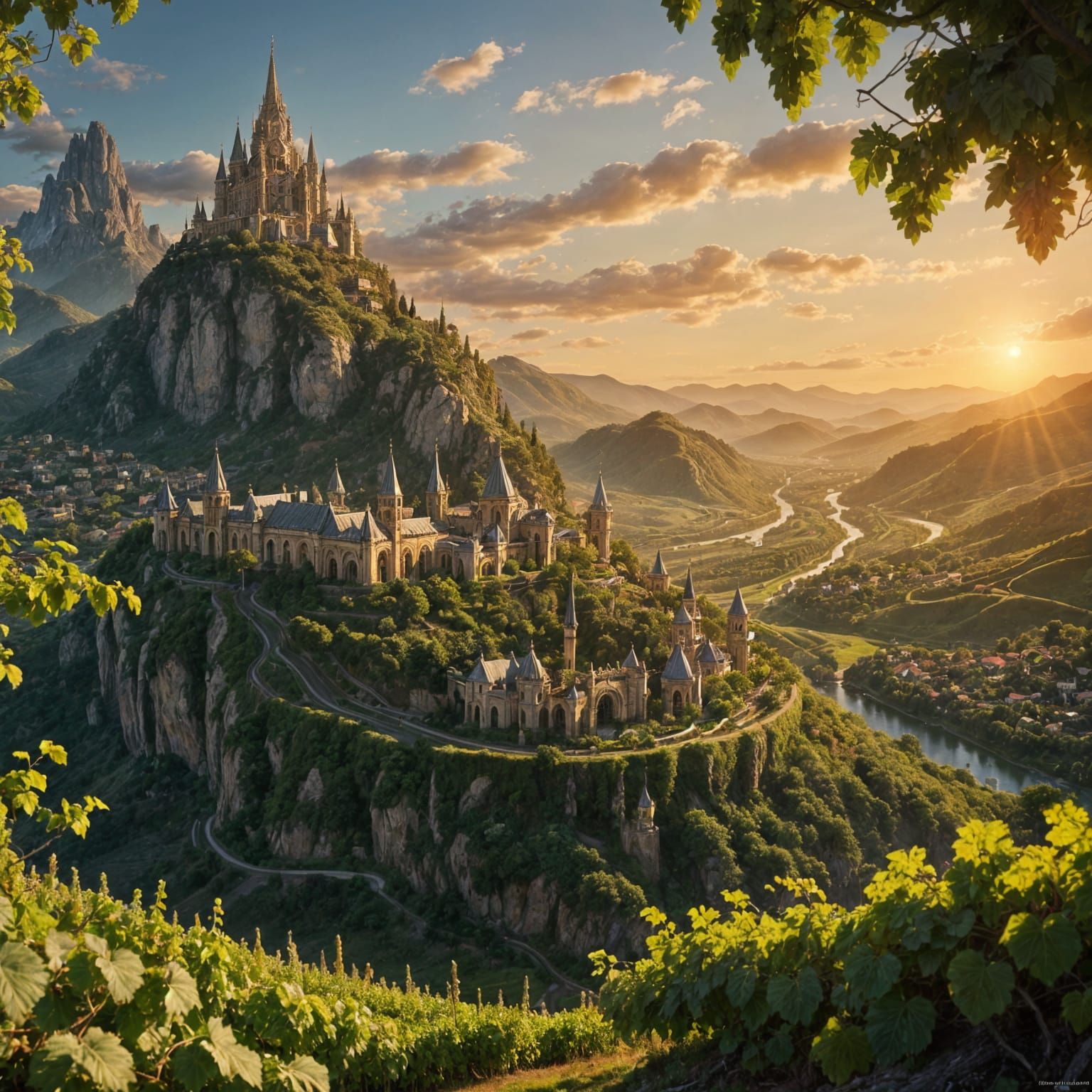 Surreal Golden Hour Fantasy Cityscape in Vibrant Hyperrealis...