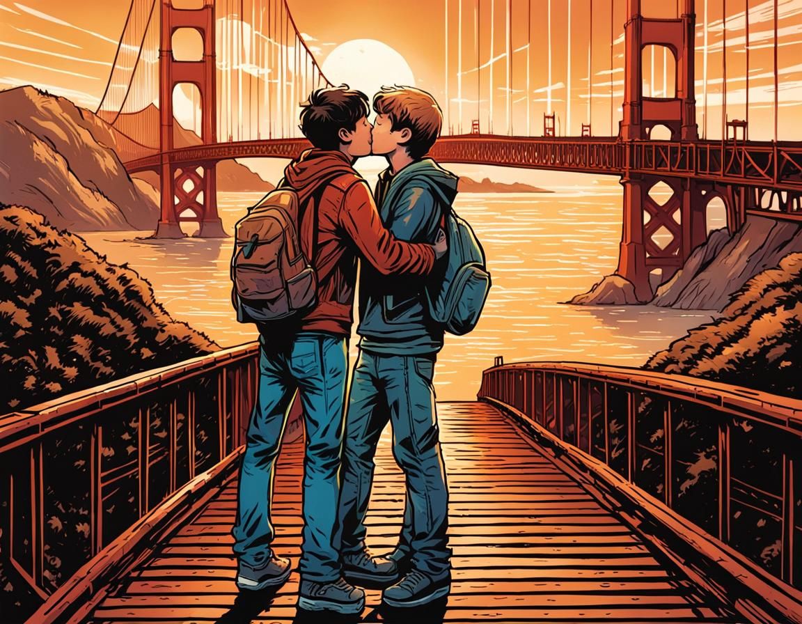 two Teen Boys kissing on the golden gate bridge