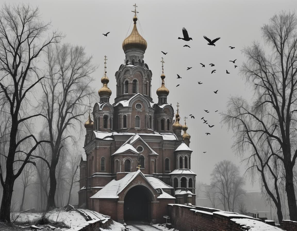Monumental Orthodox Church with Birds in Fog