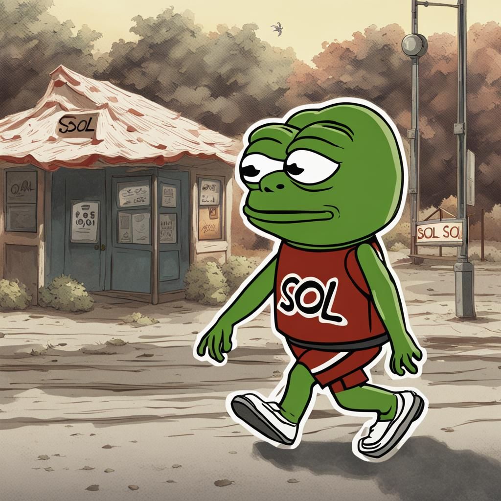 Pepe the frog" walking towards a sign that reads "SOL"