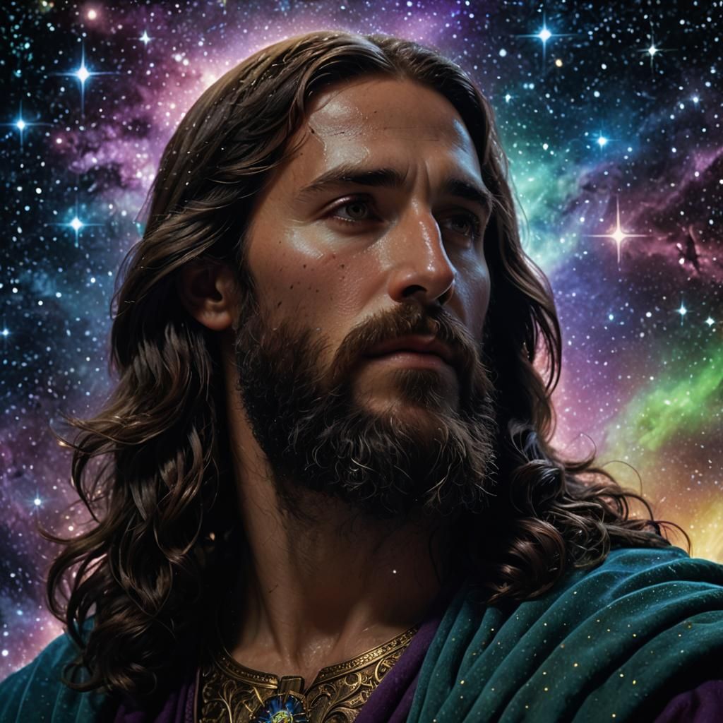 Manly Jesus Christ Merges with Cosmos in Baroque Lighting