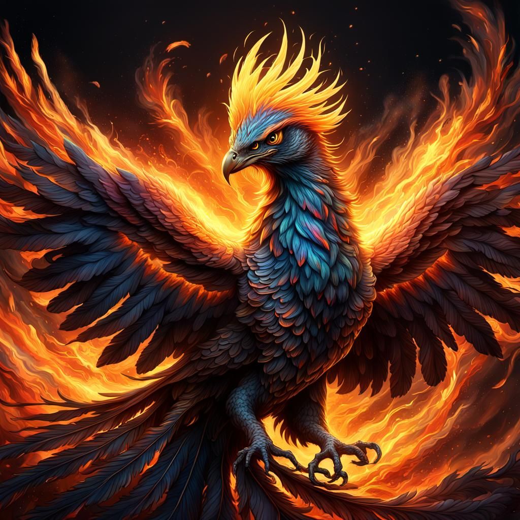 Surreal Phoenix Rising From Ashes in Vibrant Colors