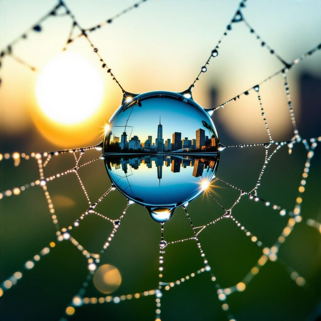 Surreal Dewdrop Reflecting Cityscape on Spiderweb