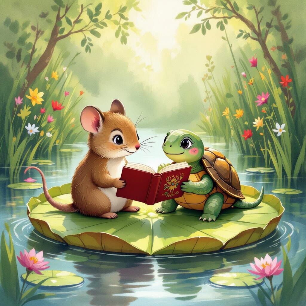 Theo and Tama's Lilypad Adventure in Painterly Style