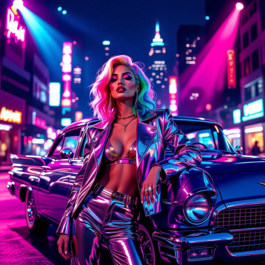 Pop Star Poses With Vintage Car in Neon Cityscape