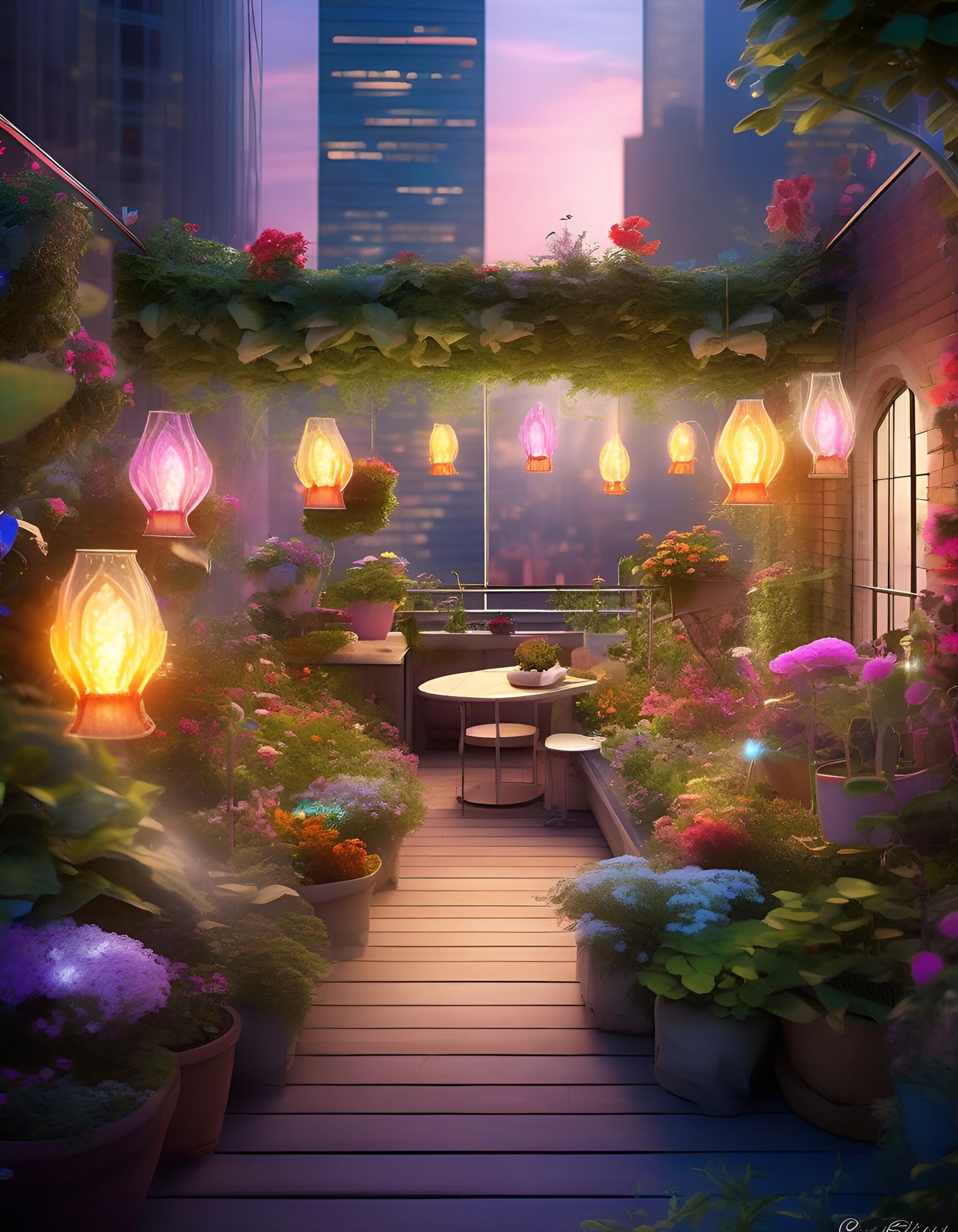 Fantasy Urban Garden Rooftop with Glowing Flora