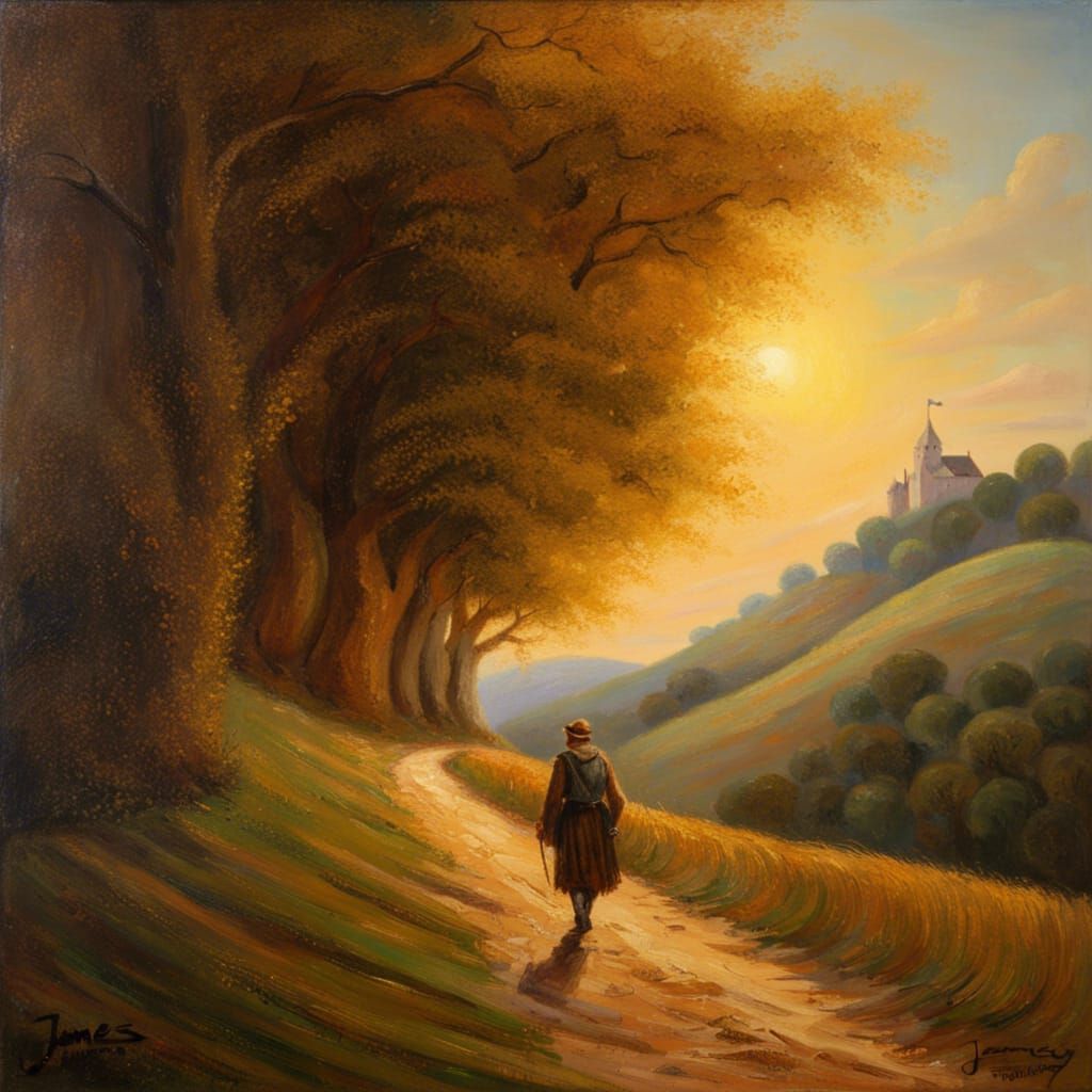 Lone Traveler in Glistening Wheat Field