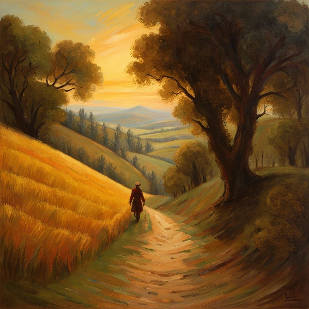 Lone Traveler in Golden Wheat Field as Oil Painting