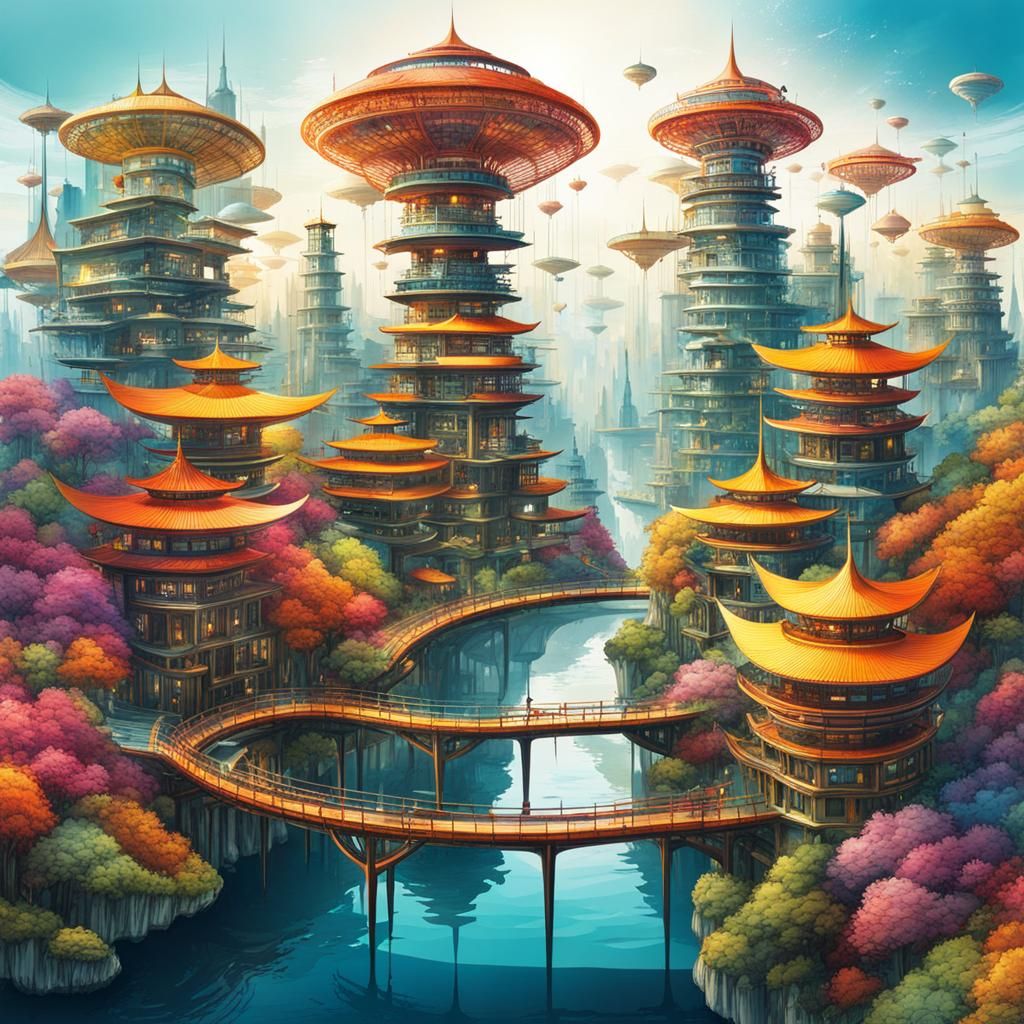 Futuristic City on Stilts: Watercolor Retrofuturism