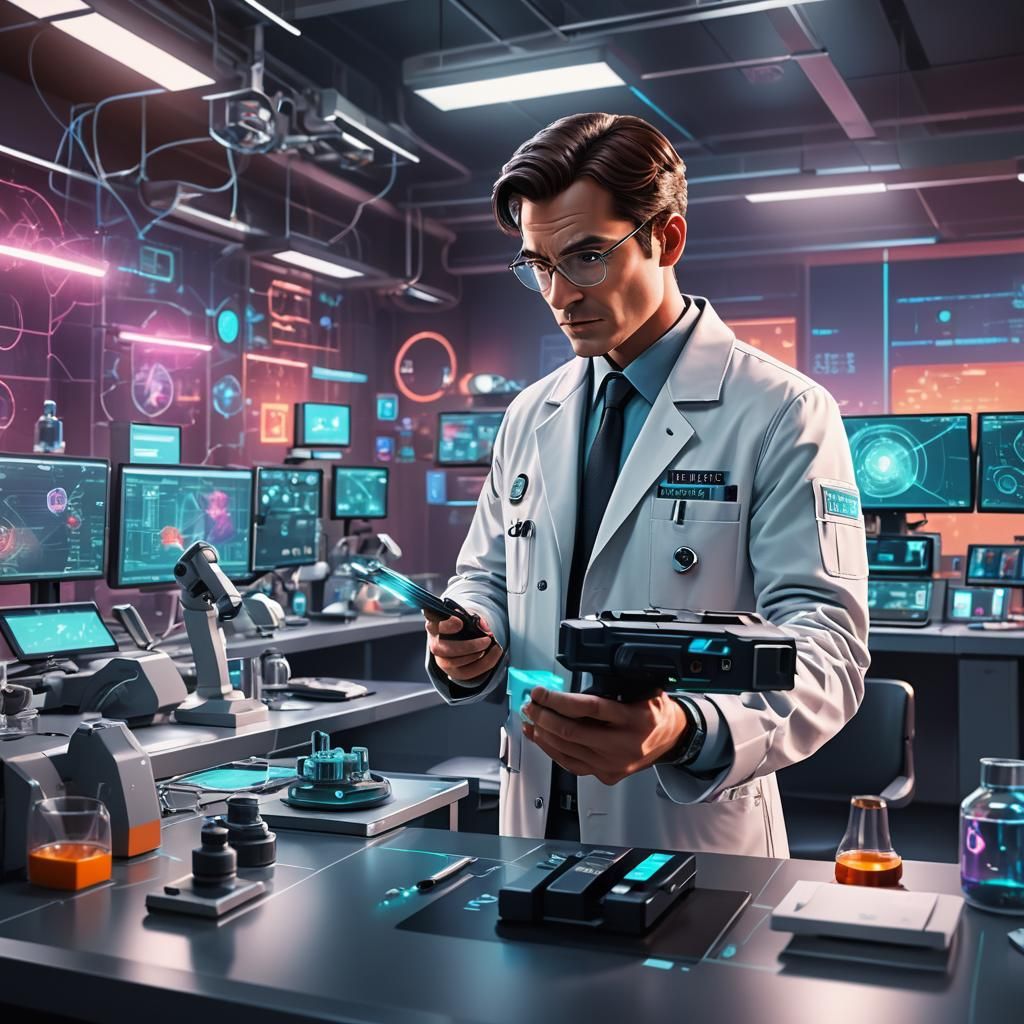 Futuristic Detective Analyzing Holographic Evidence as 3D Ar...