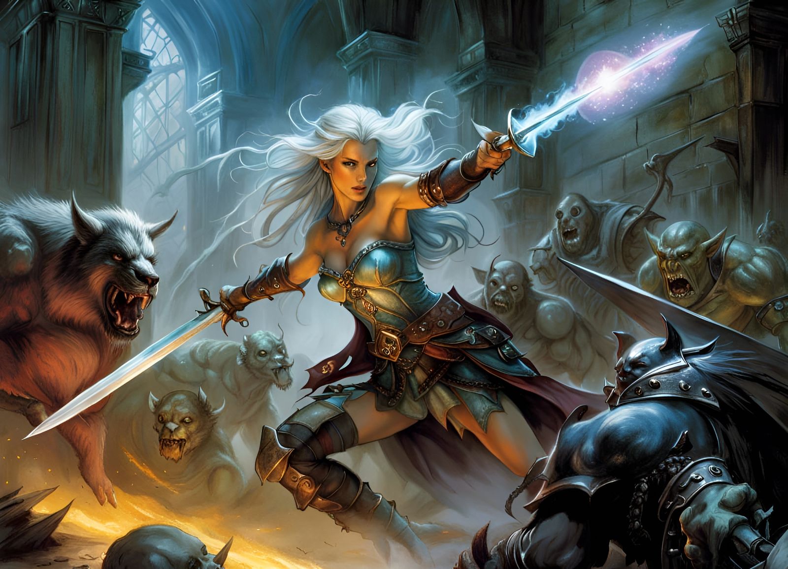 Female Mage Fighting Orcs in Dungeon, Digital Art