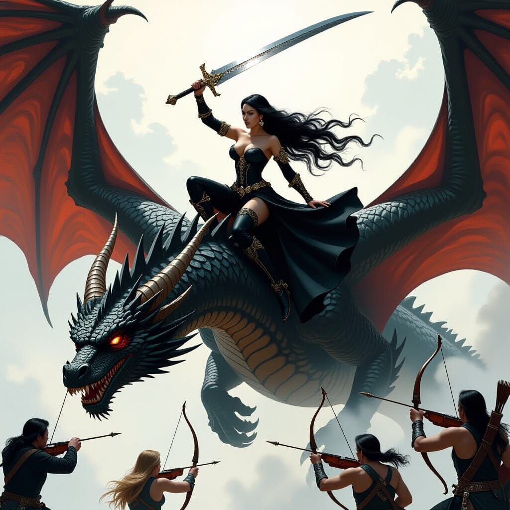 A woman clad in minimal, ornate black attire and long black ...