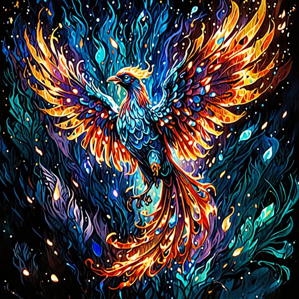 Iridescent Fire Phoenix in Blue Flames
